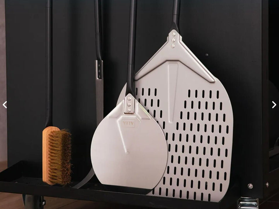 Alfa Pizza Oven Preparation Cooking Station 80 & 160 showing the Alfa Forni peel kit hanging