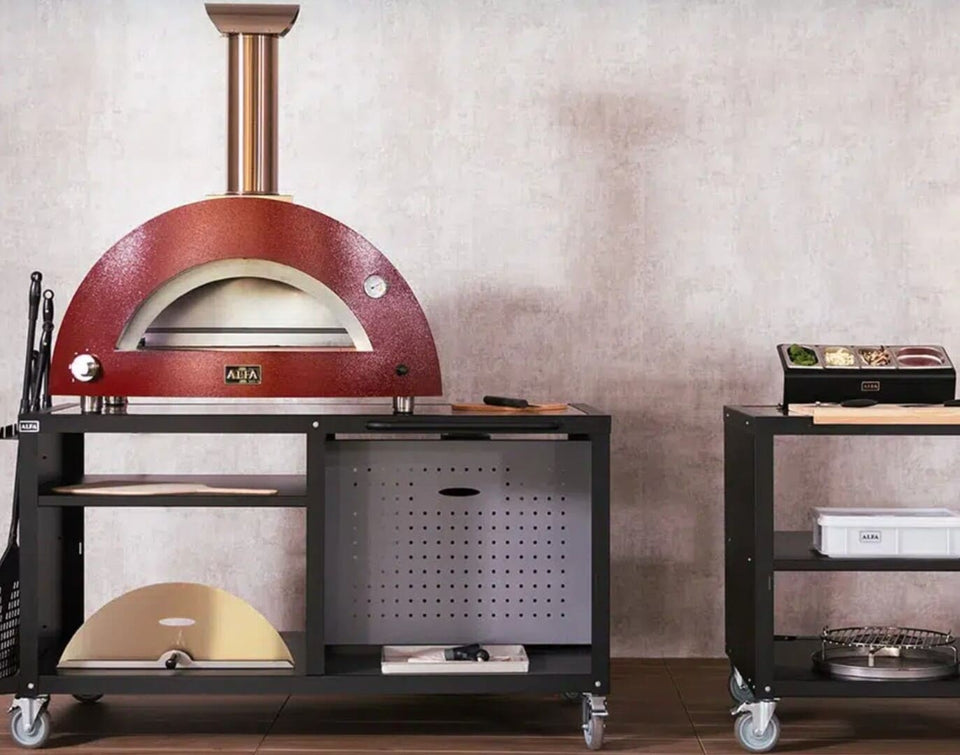 Alfa Pizza Oven Preparation Cooking Station 80 & 160 showing both units in use in a backyard area