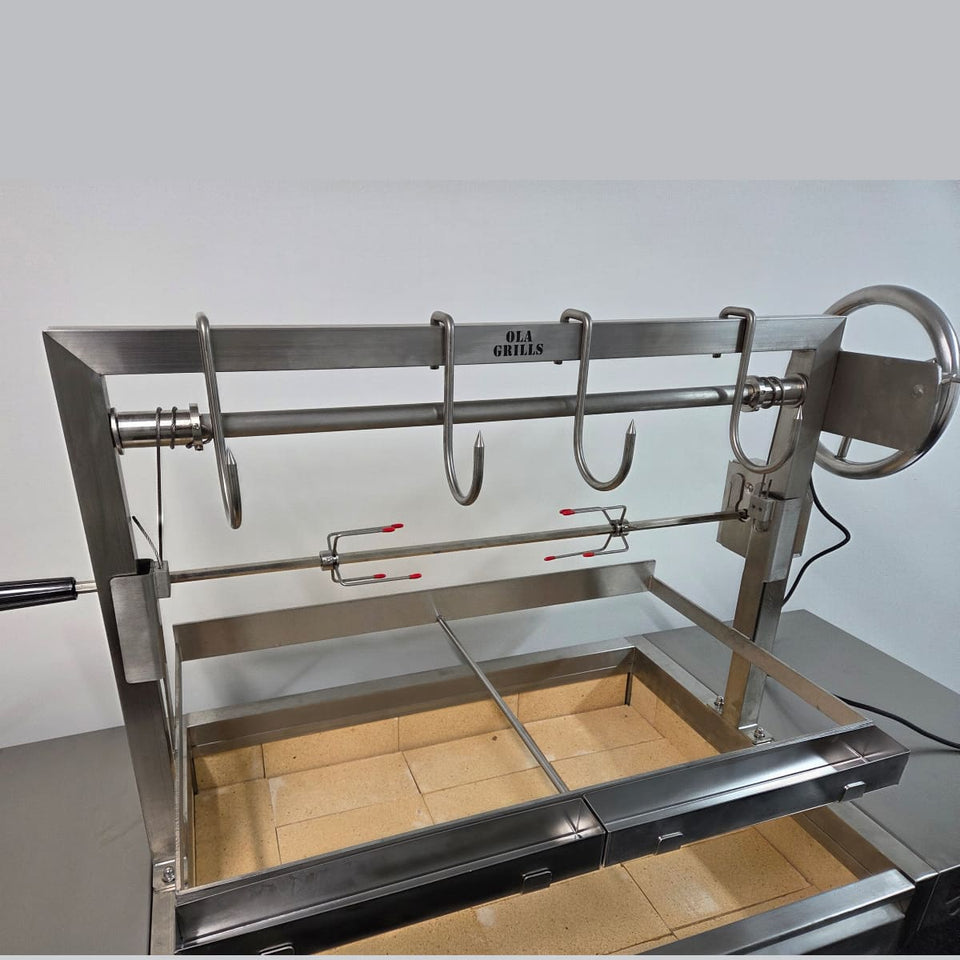 Rotisserie Kit For the OLA Grills Parrilla BBQ's | Multiple Models product image showing the rotisserie kit and optional meat hooks on the firebrick trolley model