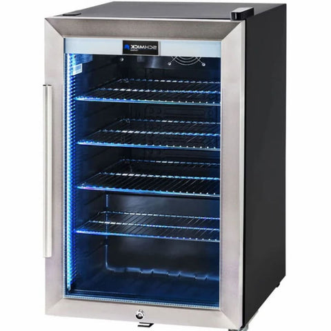 Schmick 70 L Tropical Triple‑Glazed Stainless Bar Fridge – Right or Left Hinge - HUS-SC70-SS showing the right hinge with blue light