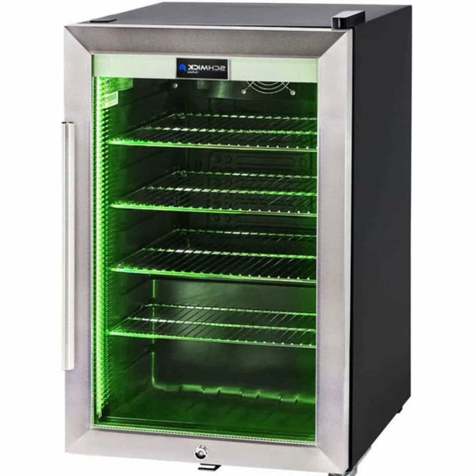 Schmick 70 L Tropical Triple‑Glazed Stainless Bar Fridge – Right or Left Hinge - HUS-SC70-SS showing the right hinge with green light