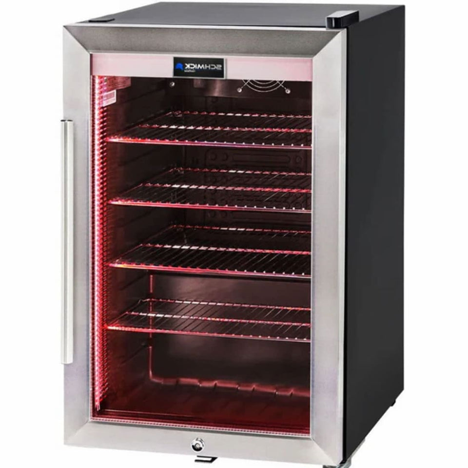 Schmick 70 L Tropical Triple‑Glazed Stainless Bar Fridge – Right or Left Hinge - HUS-SC70-SS showing the right hinge with red light