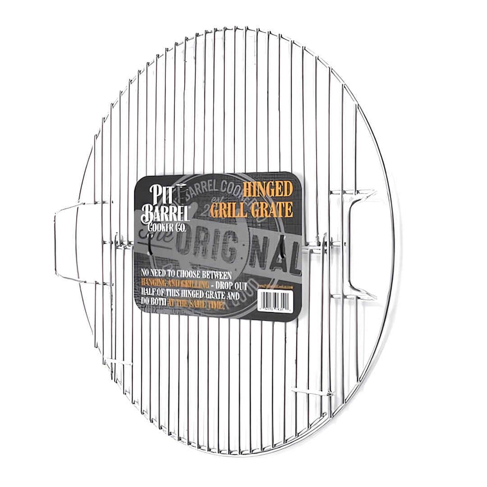 Pit Barrel Cooker Hinged Grate closed with logo