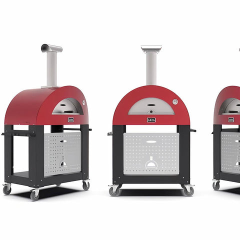 Pizza Oven Stand with Wheels showing 3 different views of stand