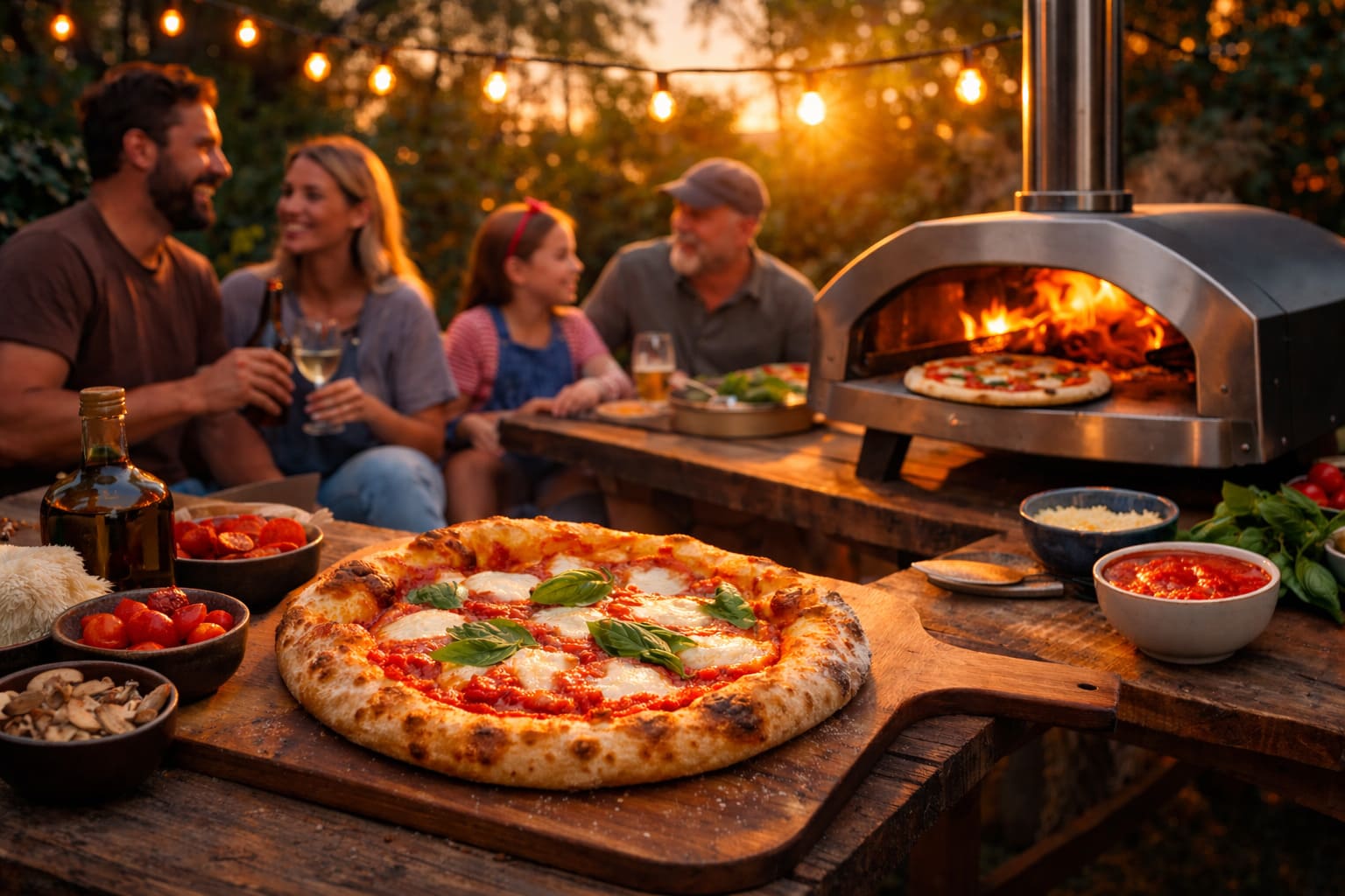 Backyard pizza night with the family on sunset with cooked pizzas