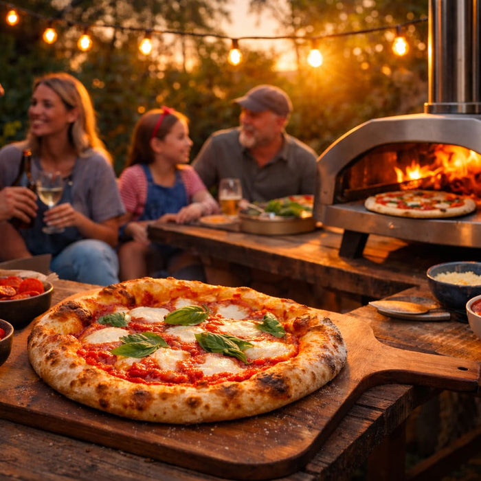 Backyard pizza night with the family on sunset with cooked pizzas