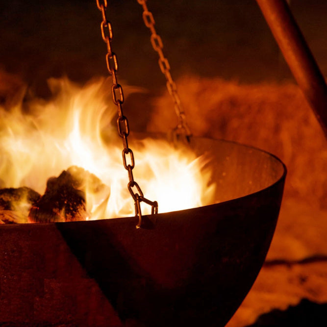 fire pit tripod inferno with wood for fire pit burning inside