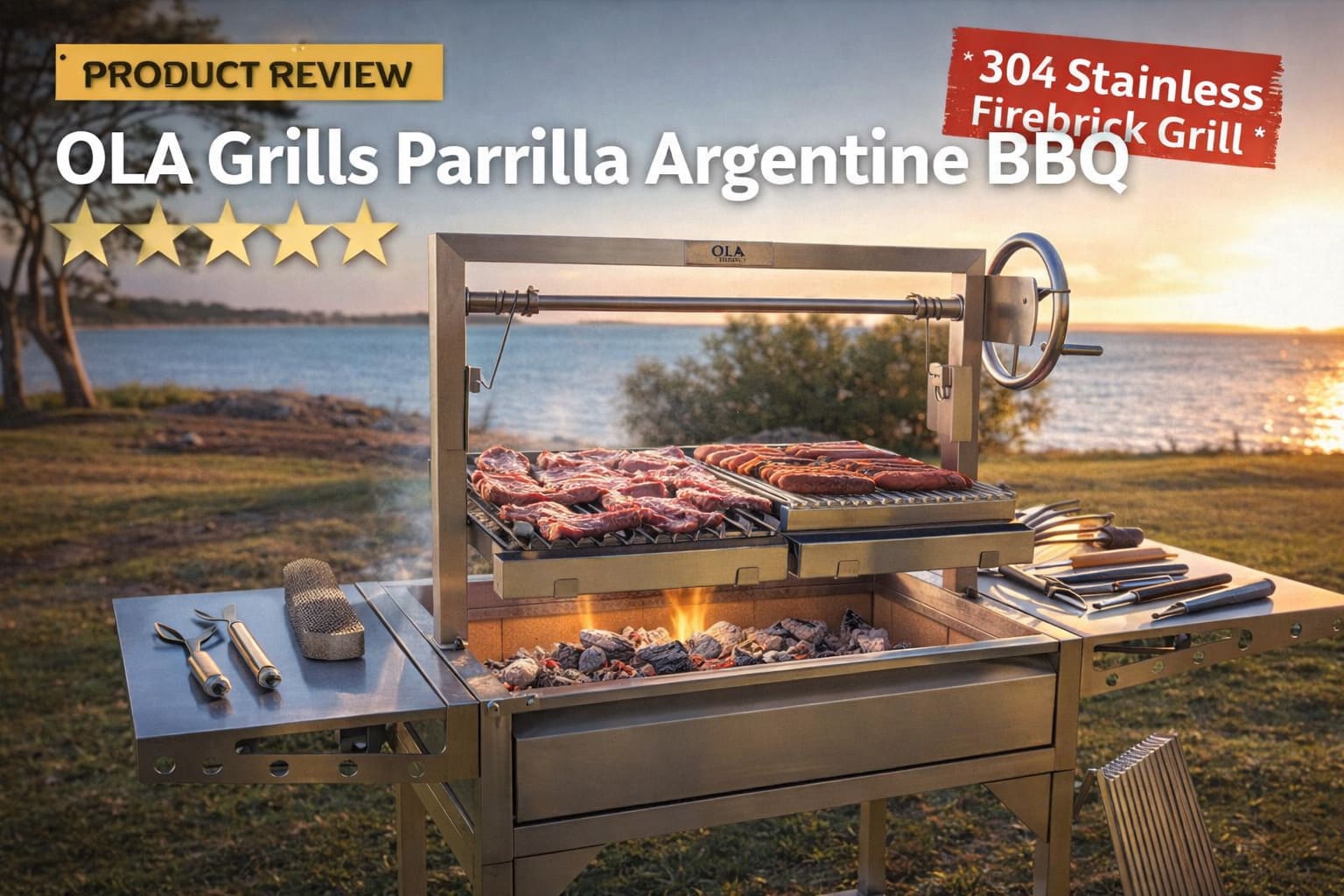 OLA Grills Parrilla BBQ review picture with it sitting near the ocean cooking meat