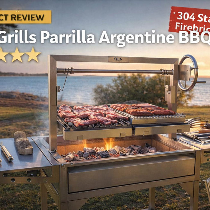 OLA Grills Parrilla BBQ review picture with it sitting near the ocean cooking meat