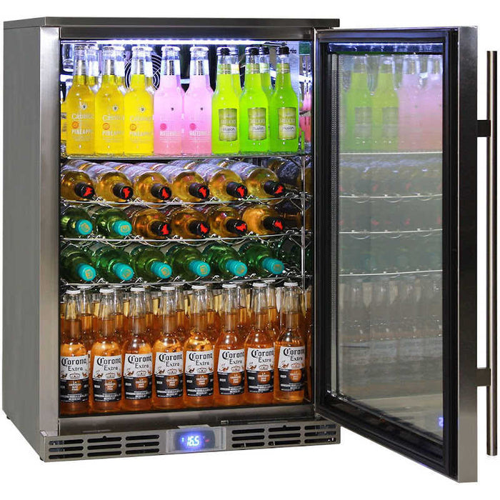 Rhino brand bar fridge with the door open and showing drink capacity including wine bottle racks