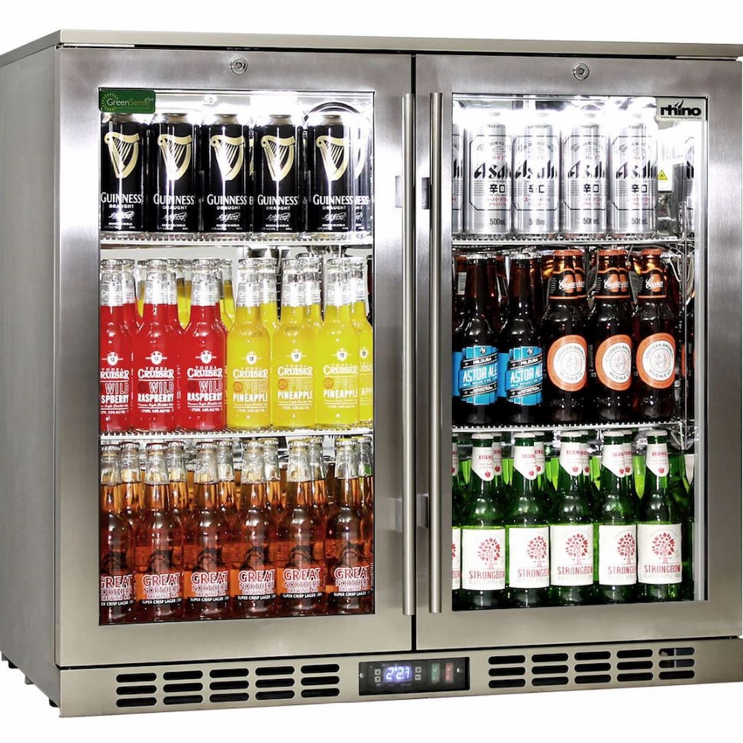 Rhino stainless steel bar fridge full of drinks