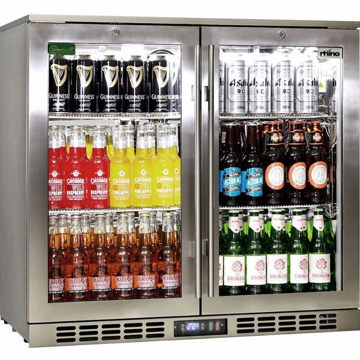 Rhino stainless steel bar fridge full of drinks