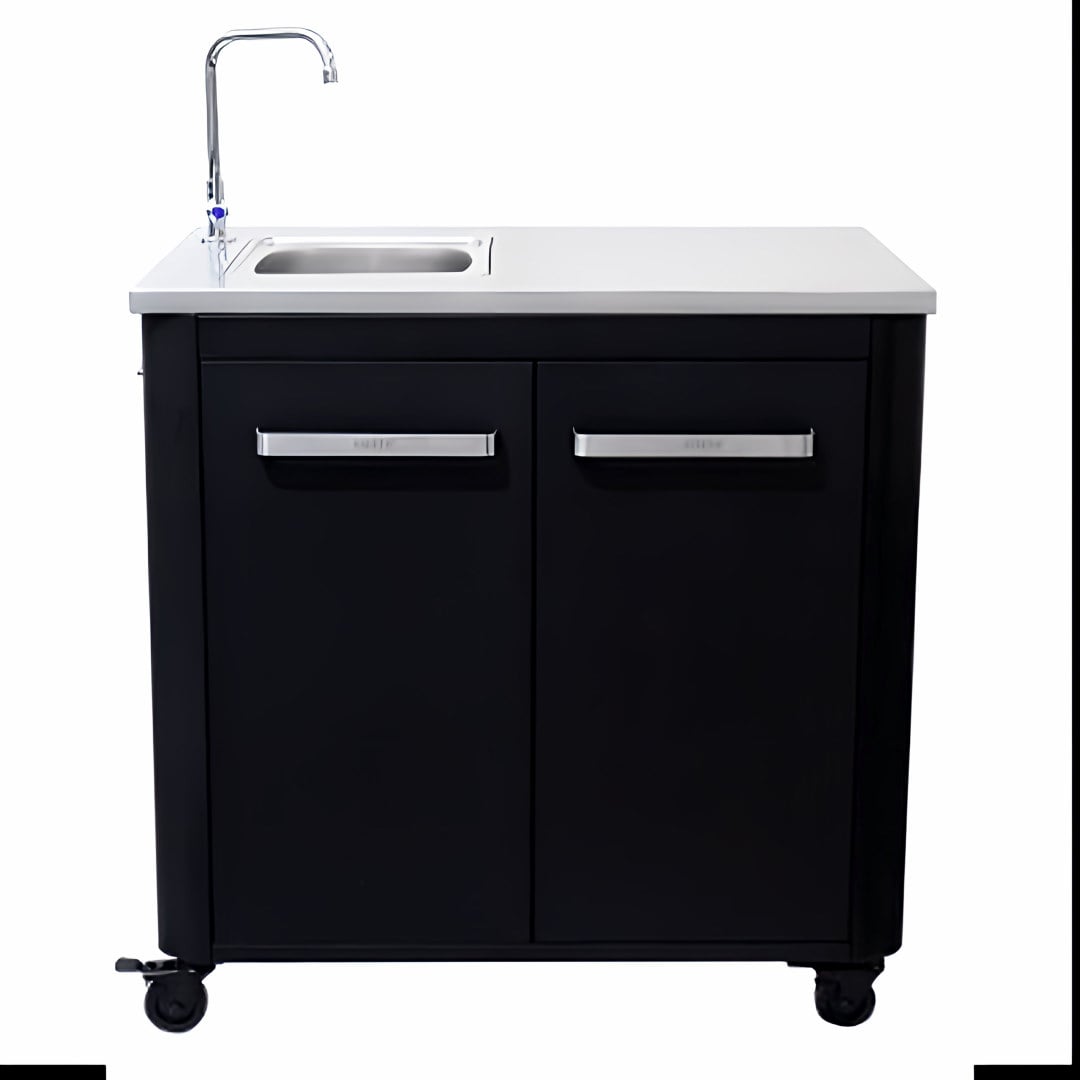 outdoor kitchen cabinet with built in sink and stainless steel benchtop