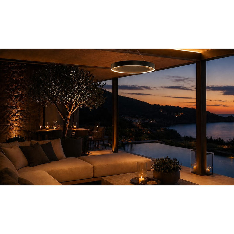 Herschel Ibiza Zero-Light Outdoor Infrared Heater with LED Lighting over an outdoor area showing a  pool