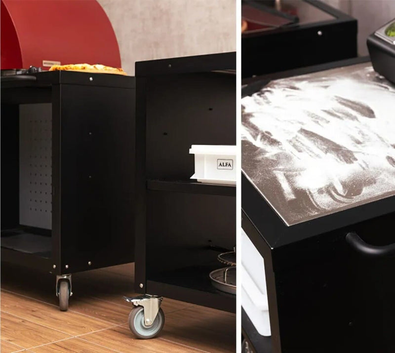 Alfa Pizza Oven Preparation Cooking Station 80 & 160 showing a close up of the wheels and prep table space