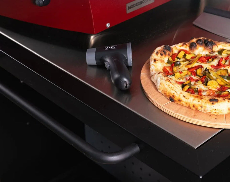 Alfa Pizza Oven Preparation Cooking Station 80 & 160 showing a close up of the stainless steel top