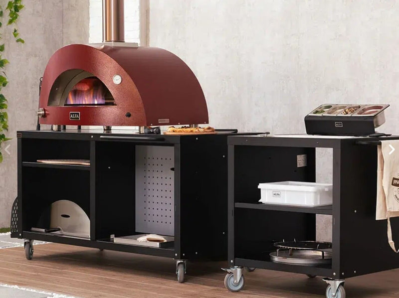 Alfa Pizza Oven Preparation Cooking Station 80 & 160 showing both units in use iwth a prep table and Moderno 3