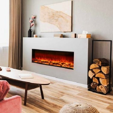 Electric Fireplace - Astro series side view with golden glow in lounge room