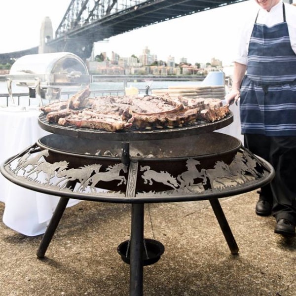 bbq fire pit with food cooking near sydney harbour bridge