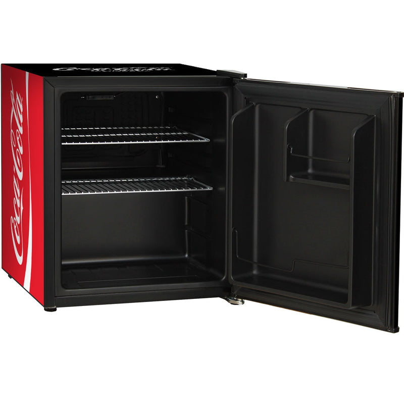 Official Coca Cola & Fanta Mini Bar Fridge With Opener - 46L showing the fridge with tis door open