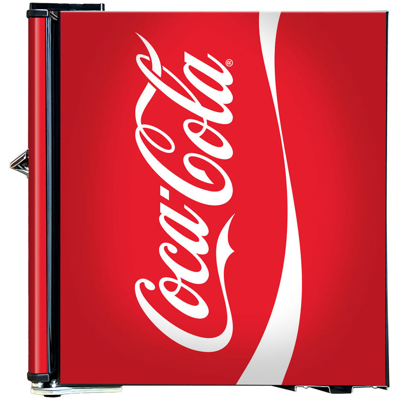 Official Coca Cola & Fanta Mini Bar Fridge With Opener - 46L showing thered side coke logo