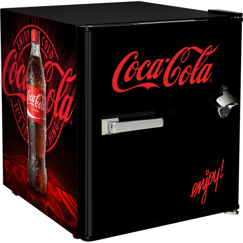 Official Coca Cola & Fanta Mini Bar Fridge With Opener - 46L showing the alternate black door design