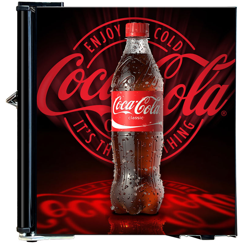Official Coca Cola & Fanta Mini Bar Fridge With Opener - 46L showing a side view of the black coke bottle