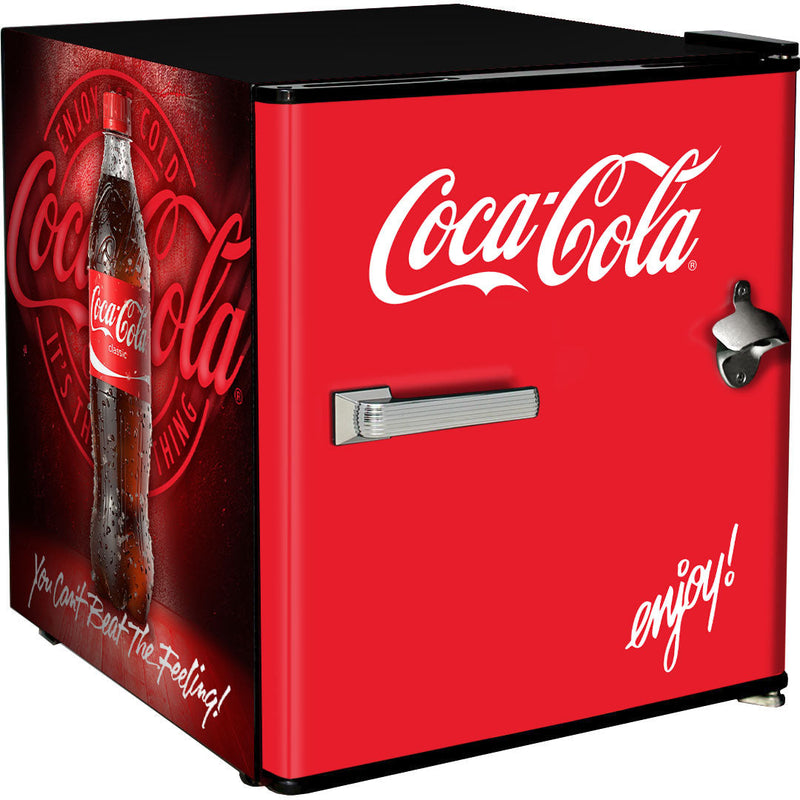 Official Coca Cola & Fanta Mini Bar Fridge With Opener - 46L showing the red door and black side model