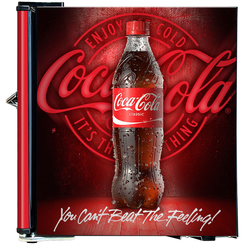 Official Coca Cola & Fanta Mini Bar Fridge With Opener - 46L showing a side view of the red coke bottle model