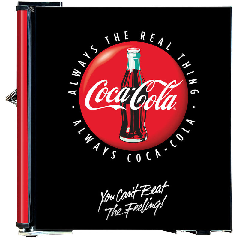 Official Coca Cola & Fanta Mini Bar Fridge With Opener - 46L showing a side view of the coke black model