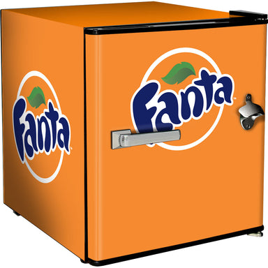 Official Coca Cola & Fanta Mini Bar Fridge With Opener - 46L showing the Fanta original design