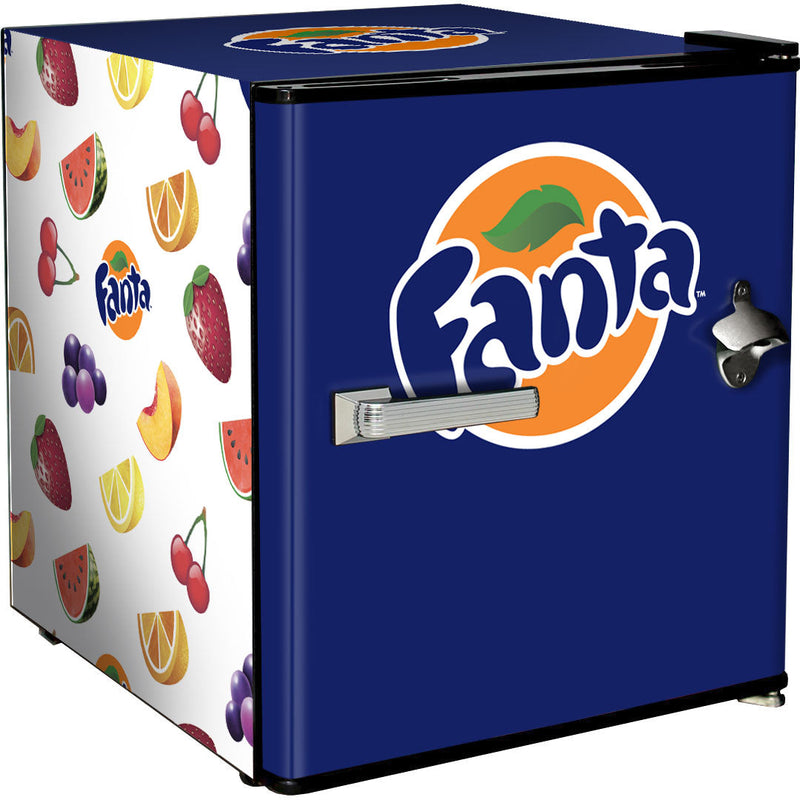 Official Coca Cola & Fanta Mini Bar Fridge With Opener - 46L showing the blue and white fanta model