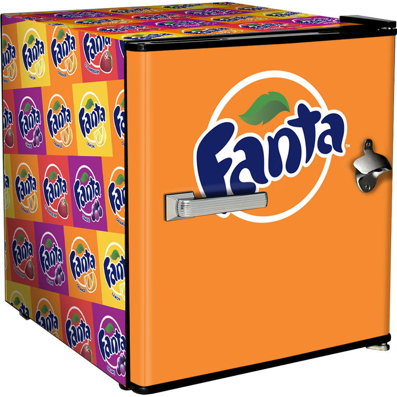 Official Coca Cola & Fanta Mini Bar Fridge With Opener - 46L showing the rainbow fanta model