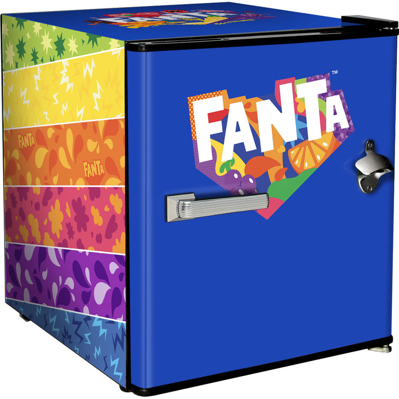 Official Coca Cola & Fanta Mini Bar Fridge With Opener - 46L showing the blue and rainbow fanta model