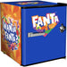 Official Coca Cola & Fanta Mini Bar Fridge With Opener - 46L showing the blue and orange "want fanta" model