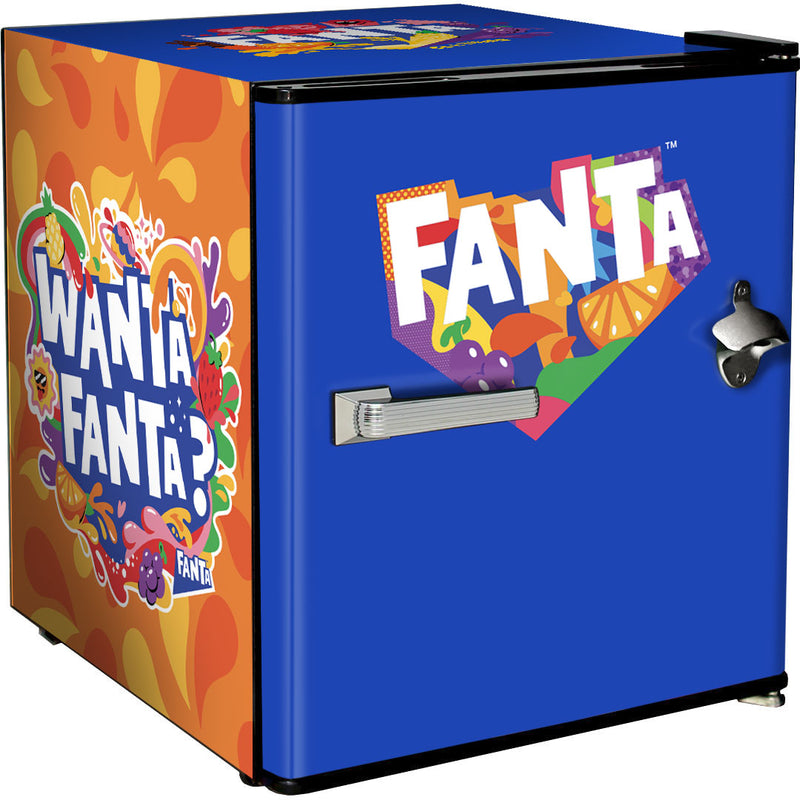 Official Coca Cola & Fanta Mini Bar Fridge With Opener - 46L showing the blue and orange "want fanta" model