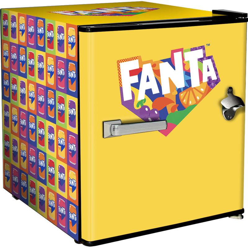 Official Coca Cola & Fanta Mini Bar Fridge With Opener - 46L showing the rainbow and yellow fanta model
