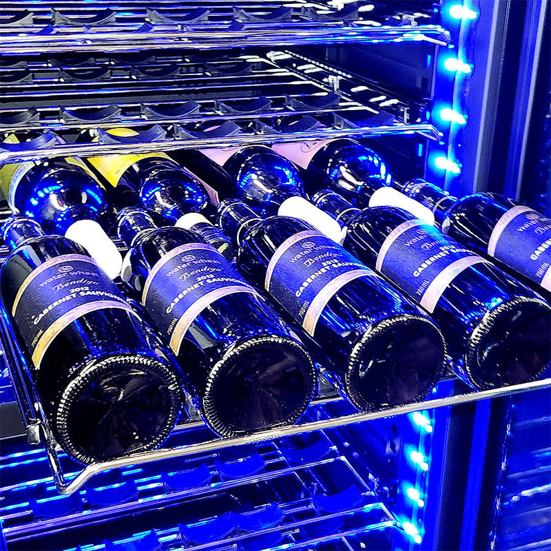 Door Dual Zone Drawer Wine And Beverage Refrigerator | BD425D-X-B shoiwng the blue LED lights and a wine rack shelf pulled out