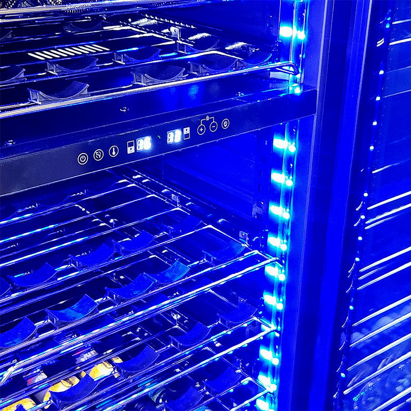 Door Dual Zone Drawer Wine And Beverage Refrigerator | BD425D-X-B showing the internal blue LED lgihts