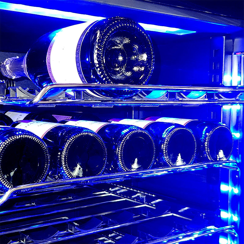 Door Dual Zone Drawer Wine And Beverage Refrigerator | BD425D-X-B showing the close up of a giant wine bottle and normal sized ones under it