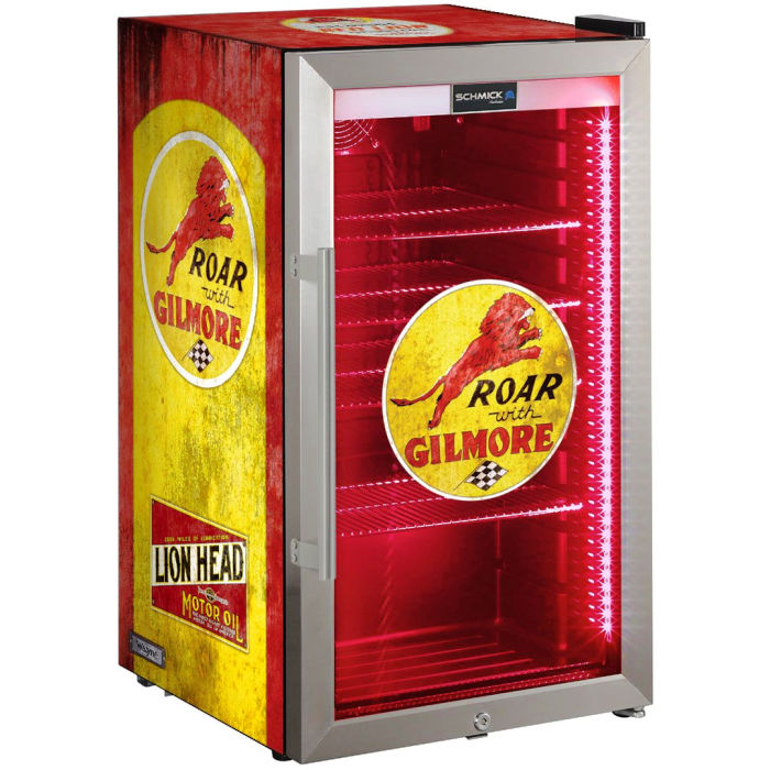 Bar Fridge | 98 Litre Fuel Pump Roar with Gilmore branded front left full view on white background