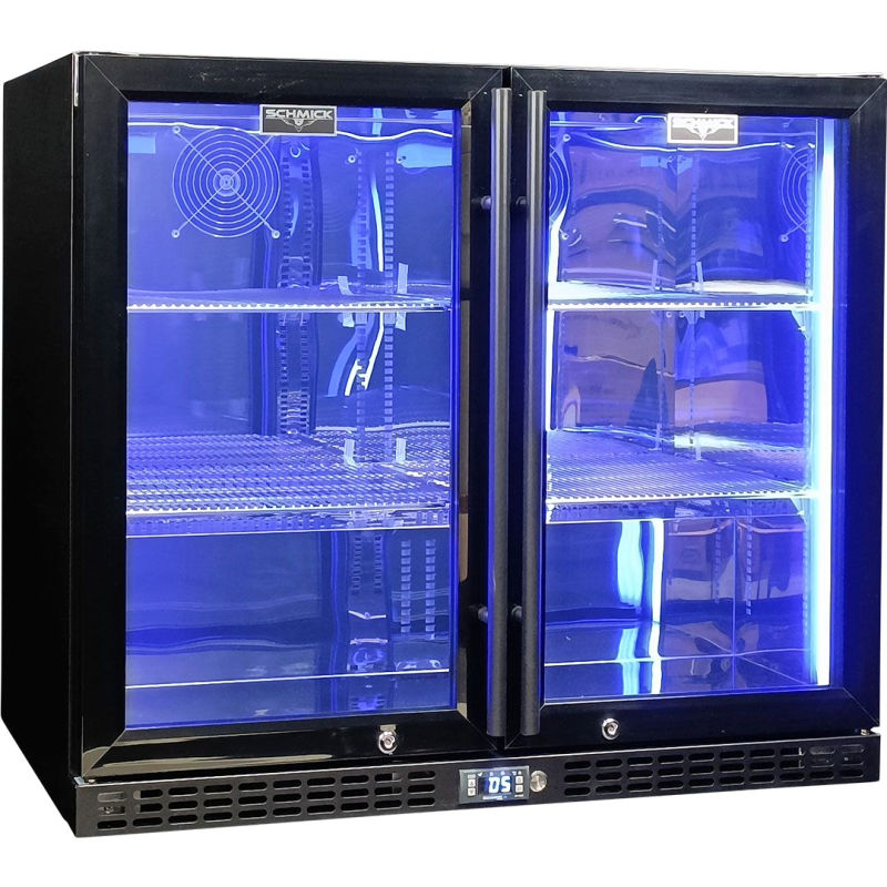Bar Fridge | 2 Door Alfresco | Schmick SK206 doors closed with blue LED lights