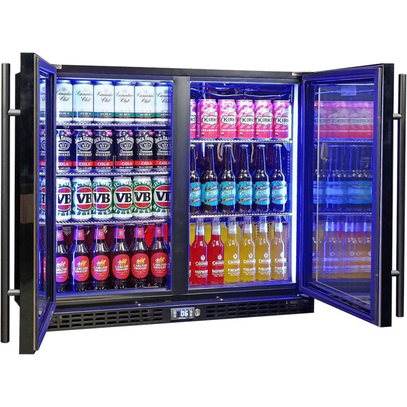 Bar Fridge | 2 Door Alfresco | Schmick SK206 doors open with blue led lights on
