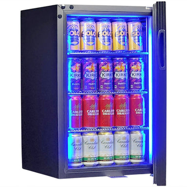 Bar Fridge | Single Door Alfresco | Schmick SK68 door open full of drinks and blue LED light on