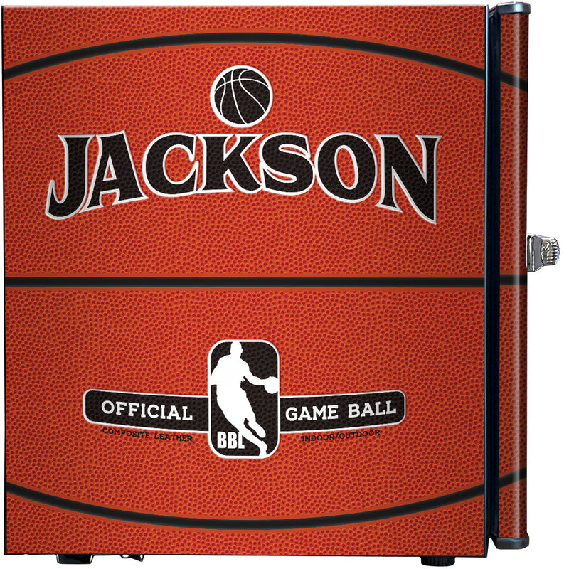 Sports Design Mini Bar Fridge With Handle And Opener - 46L showing the basketbalkl side with name
