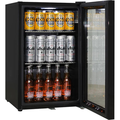 Schmick 70 L Black Double-Glazed Bar Fridge – Right or Left Hinge - HUS-SC70-B showing it full with the door open and right hinge