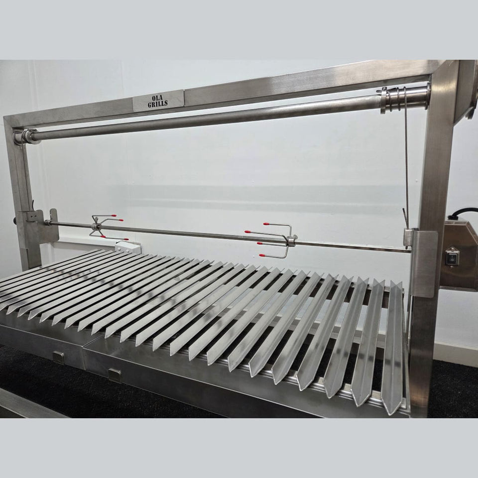 Built-In Parrilla Argentine BBQ Topper | 100% 304 Stainless | V-Grate Model showing the optional spit rotisserie