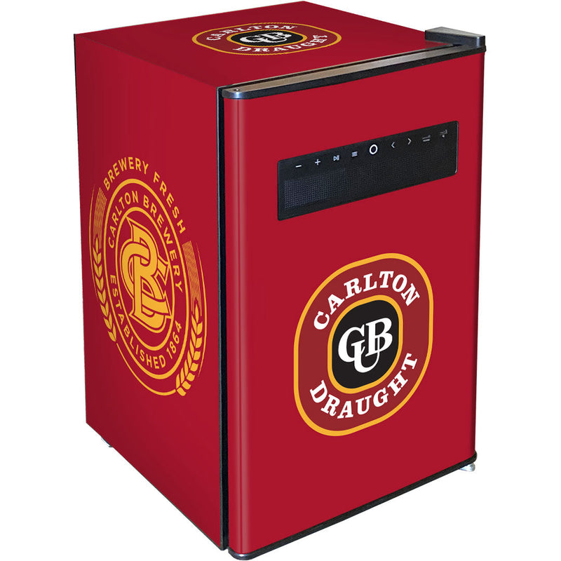 70 L Blue Tooth Speaker Disco Bar Fridge - Beer Branded showing the carlton druaght model