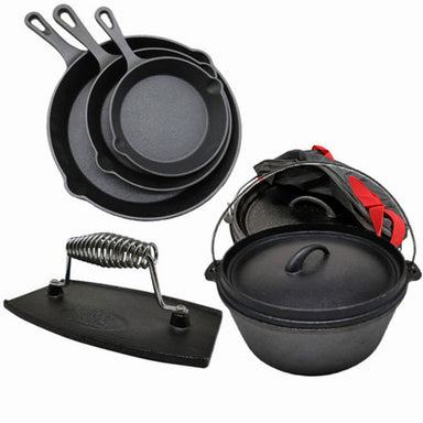 Cast Iron Cookware Combo | top view of cookware set showing 3 piece skillet set, dutch oven and a burger press on white background