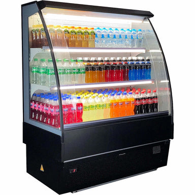 Commercial Fridge | Open Display Rhino TK-12 front left view with fridge full of drinks 